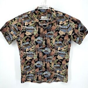 High Surf Men's L Hawaiian Aloha Shirt Parrots & Grass Shacks Tropical Oasis